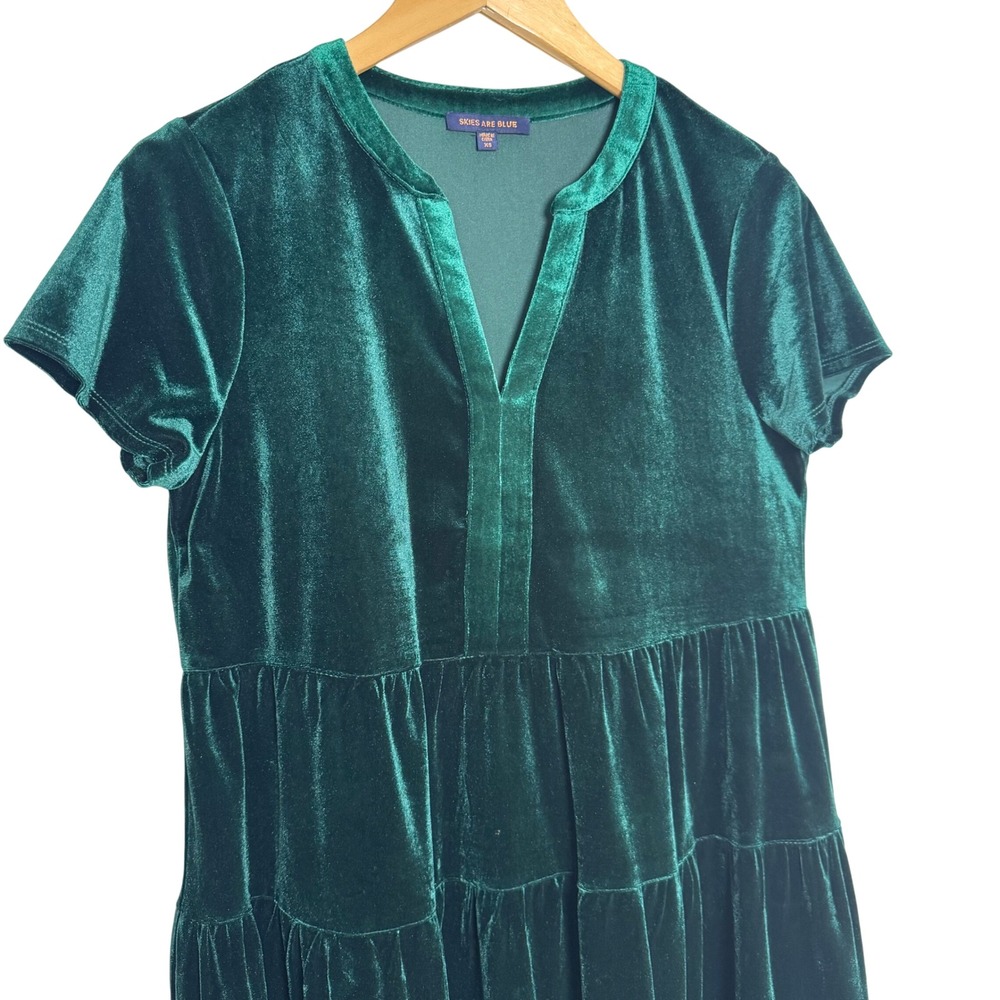 Skies Are Blue Dress XS Green Velvet Short Sleeve Tiered Festive Party Cocktail - Picture 2 of 6